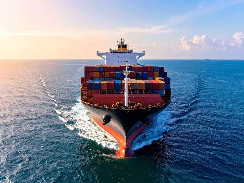 Navio cargueiro com contêineres coloridos navegando em mar aberto.